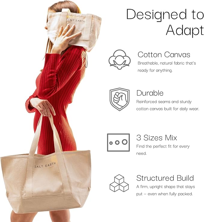 Salt Earth Canvas Tote Bags for Women – Pack of 3 (Large, Medium, Mini), 100% Cotton Multipurpose Unique Reusable Tote Bag Set for Shopping, Work, Travel, Beach, DIY & Christmas Gifts