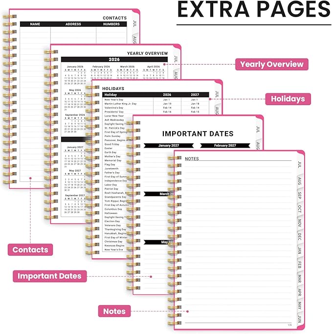 Planner 2026-2027 for Women & Men, Academic Monthly and Weekly Calendar Planner, Jul 2026 - Jun 2027, A4 (8.5" x 11"), Teacher Student Planning Book with Tabs, Ideal for Office School Supplies - Berry Pink