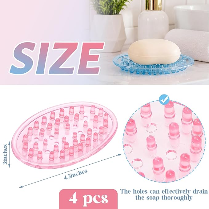 4 Pcs Plastic Soap Holder Soap Dish Bar Saver Tray with Holes Sponge Holder for Kitchen Bathroom Shower Counter, 4.5 x 3 x 0.7 Inches (Pink,Blue)