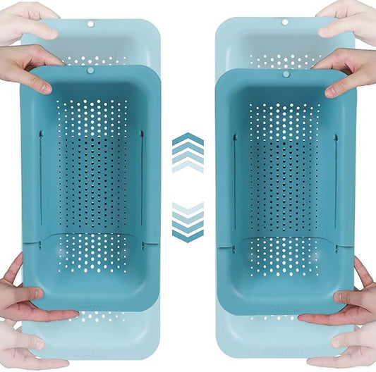 BLUE GINKGO Sink Colander Baskets - (Pack of 2) Wash Vegetables and Fruits, Drain Cooked Pasta and Dry Dishes - Extendable - New Home Kitchen Essentials (2 Teal)