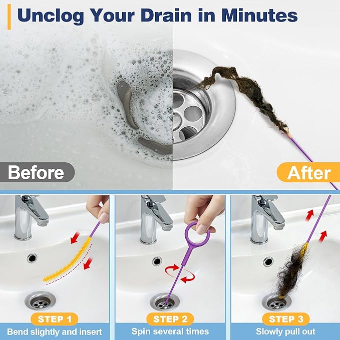 Drainsoon 35-Inch Metal Drain Snake Hair Clog Remover, Reusable Sink Snake Drain Hair Remover Tool, Flexible Break-Resistant Plumbing Snake Drain Cleaner for Shower, Bathtub, and Kitchen Sink (5 Pack)