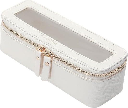 Aveniee Clear Makeup Brush Bag,Slim Cosmetic Brush Holder,Small Toiletry Bag Mini Travel Case for Women,Thin Make up Bags with Dual Zipper,Cute Travel Essentials Organizer,White