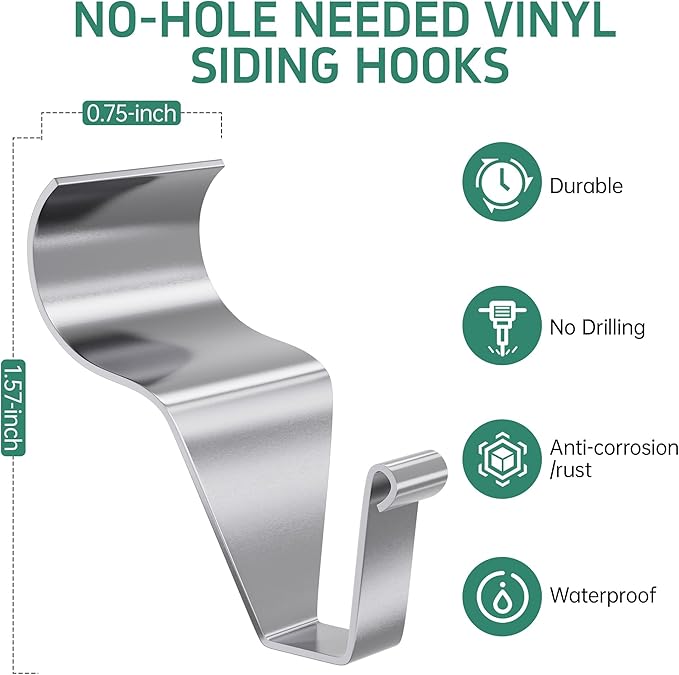 Vinyl Siding Clips Hooks (20 Pack), Heavy Duty No-Drill No Hole Damage-Free Siding Hangers for Outdoor Wall Lights Wreaths Garland Hanging, Front Porch Patio Decor
