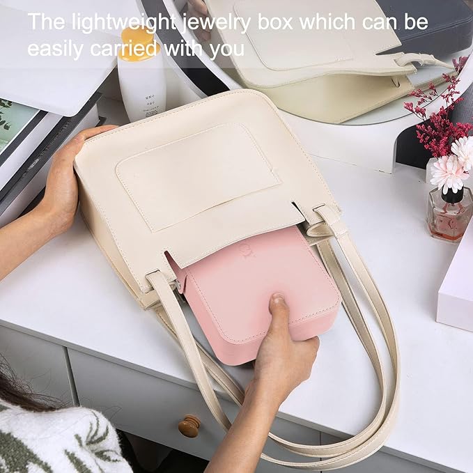 KCY Travel Jewelry Organizer Box for Women Girls, Small Travel Jewelry Case, PU Leather Portable Jewellery Storage Boxes Display Holder for Ring Earrings Necklace Bracelet Bangle, Gifts, Pink