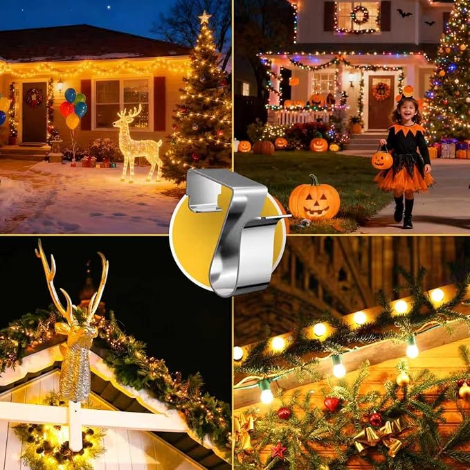 Gutter Clips for Hanging Outdoor Lights Christmas Light Gutter Clips for Outside String Lights Metal Weatherproof Gutter Light Clips for Xmas Halloween Outdoor Holiday Lights(50pcs)