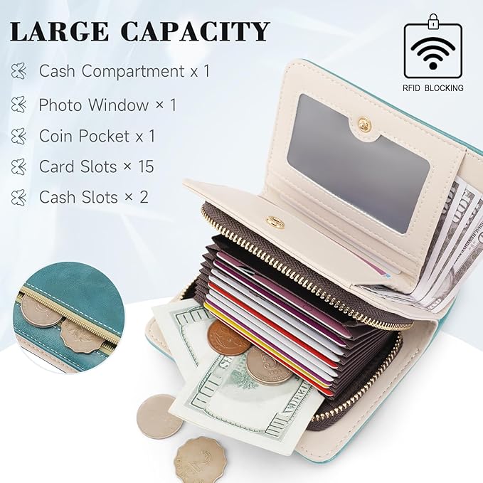 Women RFID Blocking Small Bifold Wallet, Compact Cash Clutch with Zipper Coin Pocket, Glittery Butterfly Design, Credit Card Holder, Travel Purse with Tassel PEACOCK-BLUE