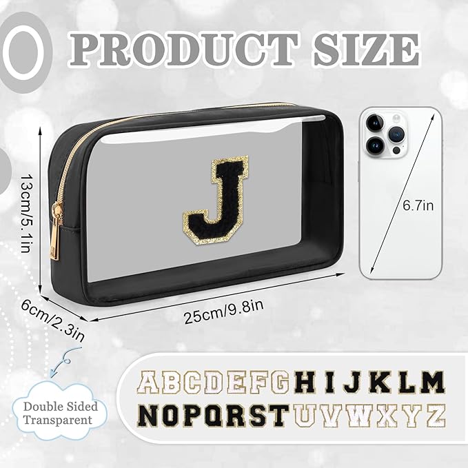 Small Clear Personalized Initial Makeup Bag,Nylon Preppy A-Z Chenille Letter Patch Cosmetic Pouch Beach Toiletry Bag,Waterproof Zipper Travel Purse Storage Bag Organizer for Women Girls(Black-Black J)