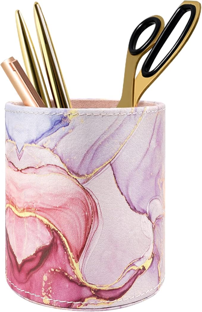 WAVEYU Pen Holder for Women Girls, Pencil Cup Pink Desk Decor, Makeup Brush Holder Large Pu Leather Multi-Functional Organizer Cup for Office, Classroom, Home, Colorful Marble