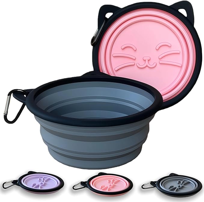 2 Pack Silicone Travel Dog Bowls, Slow Feeder Anti-Gulping, 25oz Collapsible Portable Water & Food Bowls for Medium & Large Dogs, Pet Camping Essentials (Pink/Gray)