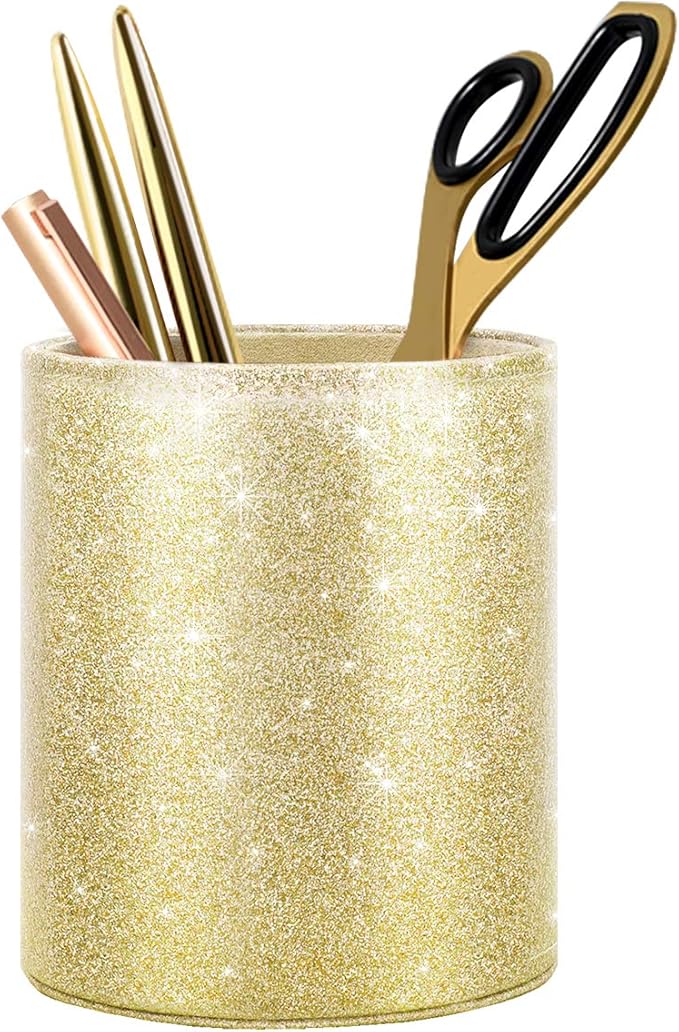 WAVEYU Gold Pencil Holder, Decorative Pens Holder for Desk, Makeup Brushes Organizer for Table, Large Pu Leather Multi-Functional Organizer Cup for Office, Classroom, Home, Champagne Gold