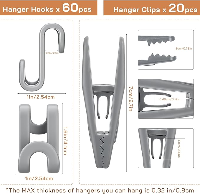 Tinfol Gray 60pc Hanger Connector Hooks and 20pc Hanger Clips, Stackable Space Saving Hook - Hangers Finger Clips, Hanger Organizer Accessories for Closet Organizers