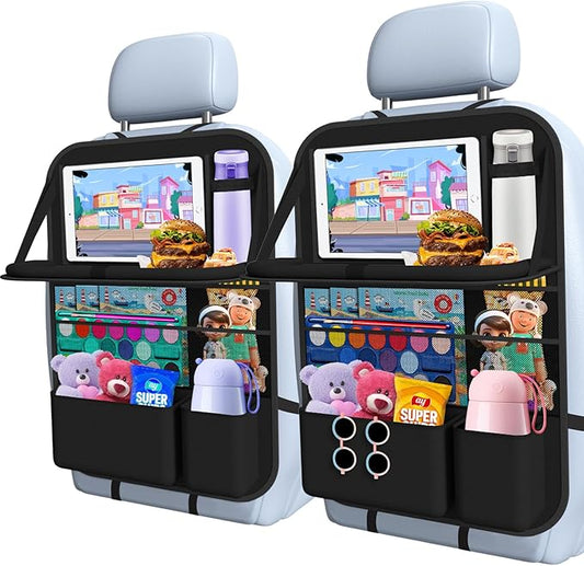 Car Backseat Organizer with Table Tray, 9 Storage Pockets Backseat Car Organizer with Tablet Holder, Back Seat Organizer for Kids Road Trip Essentials Travel (1 Pack)