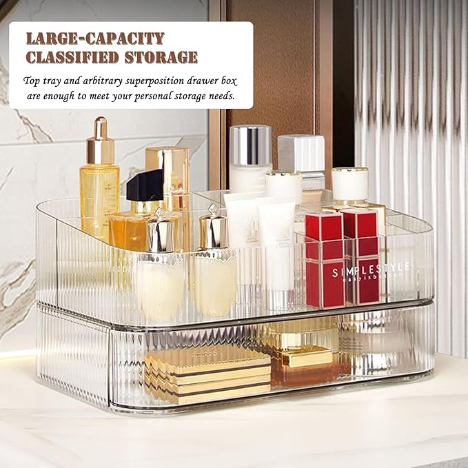 Makeup Organizer with Drawers, Stackable Cosmetics Organizer, Large Make Up Organizer Storage Box, Ideal for Bathroom Countertop and Desk (1 x Tray, Clear)