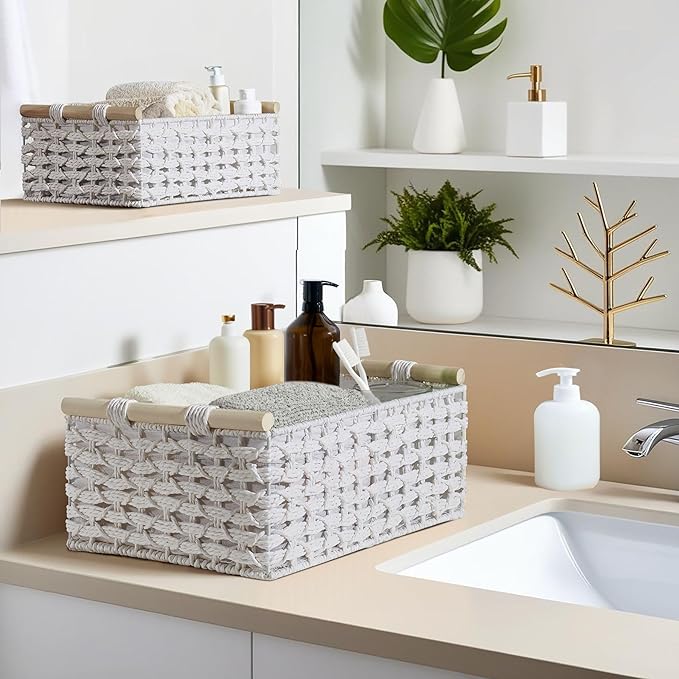 DECOMOMO White Wicker Baskets, Back of Toilet Basket, Bathroom Basket Organizer, Countertop, Home Decor (White, Set of 2)