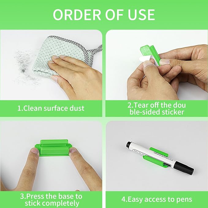 12 Pack Pen Holder for Desk, Silicone Pencil Holder with 12 Extra Adhesive Stickers, Adhesive Pen Holder & Marker Clip for Classroom Office Desk or Any Surface, Teacher Accessories Supplies (Green)