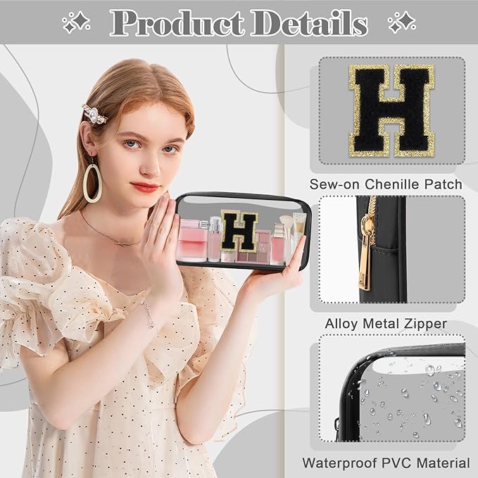Personalized Initial Letter Clear Makeup Bag, Preppy Small Nylon & PVC Cosmetic Zipper Bag with Chenille Letter, Travel Skincare Toiletry Bag, Monogram Christmas Gift for Teen Girls Women, H