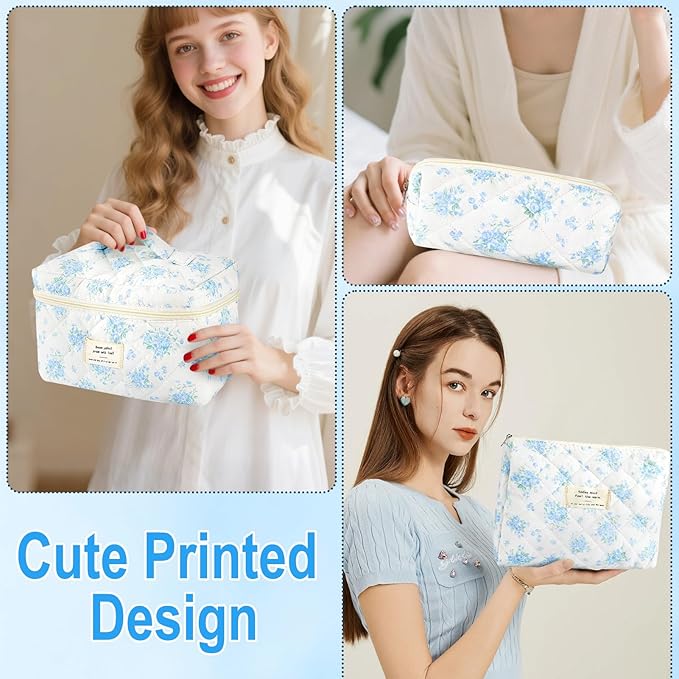 3Pcs Cotton Quilted Makeup Bag for Women Girls Large Small Travel Floral Cosmetic Bags Set Cute Coquette Zipper Makeup Pouch for Purse Aesthetic Cloth Flower Storage Toiletry Bag Organizer