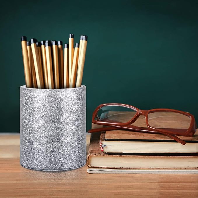 WAVEYU Glitter Pen Holder, Pencil Cup Desk Sparky Bling for Women Girls, Luxury Durable Makeup Brush Holder Large Pu Leather Multi-Functional Organizer Cup for Office, Classroom, Home, Silver