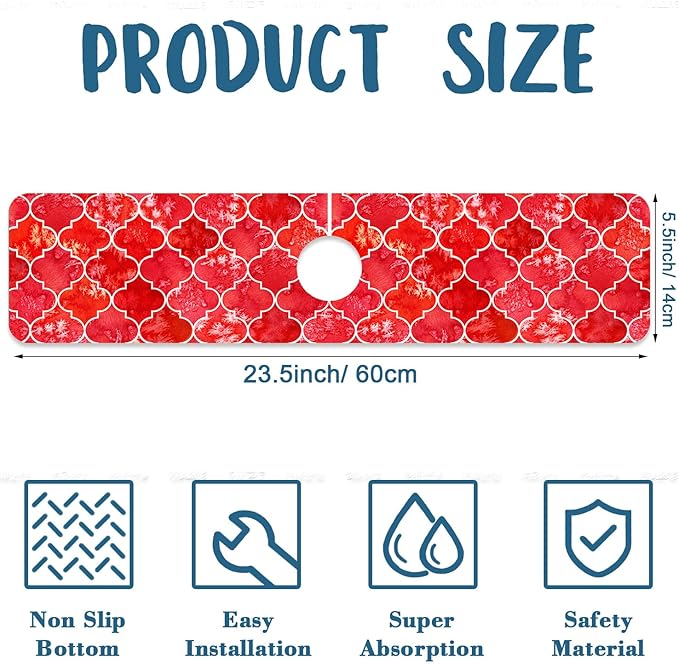 Watercolor Moroccan Marbled Sink Splash Guard Red Tiles Faucet Absorbing Mat Fast Drying Mat Sink Gadgets Splash Guard Behind Faucet Drip Catcher for Kitchen Bathroom, 23.5"x5.5"