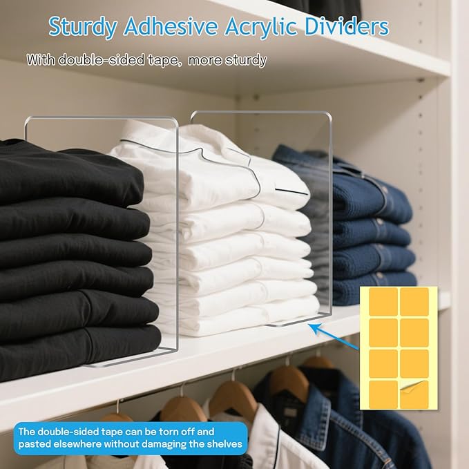 OKPOW Shelf Dividers Closet Organizer - 7.5" Tall X 11.8" Deep Acrylic Clear Sturdy Separate for Clothes Purse - Adjustable Space Saver Easy Install for Home Organization Enthusiasts 8 Pack