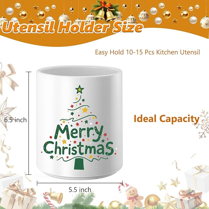 Christmas Utensil Holder Ceramic Cooking Utensil Holder for Kitchen Counter Green Xmas Tree Utensils Holder, Large Spatula Holder Glossy White Christmas Gift Kitchen Decor （6.5”H x 5.5”D）