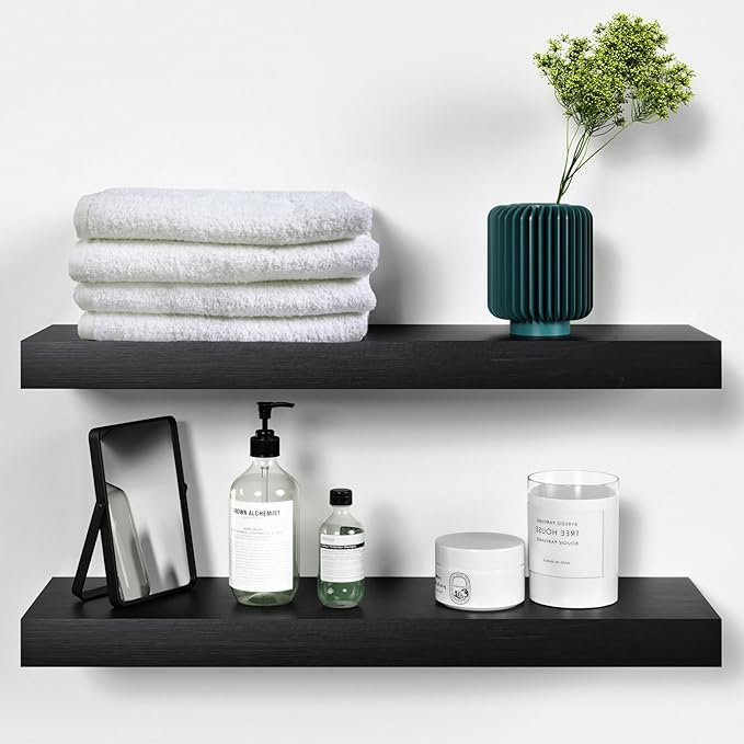 Homeforia Black Floating Shelves 24 inch, High-End Solid Real Wood 24-inch Bathroom Floating Shelf for Wall Mounting, Black Wooden 24-inch Floating Shelves, Heavy Duty Bracket, 24 x 6.5 x 1.75 in, Set of 2