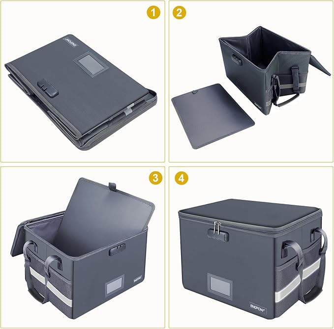 ENGPOW File Box with Lock, Fireproof Document Box with Pockets, Collapsible File Organizer Filing Storage Cabinet with Handle, Portable Home Office Safe for Hanging Letter/Legal Folders, Gray, 2 Pack