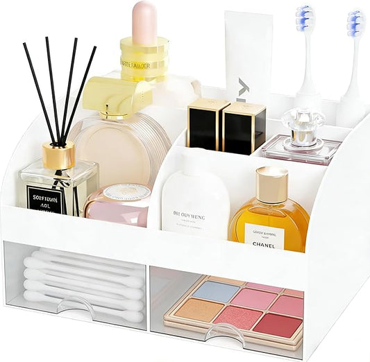 Makeup Organizer with 2 Drawers, Cosmetic Storage for Dresser Vanity and Bathroom Countertop, Makeup Organization and Skincare Storage with Beauty Brush Holder, Cosmetic Display Case (White)