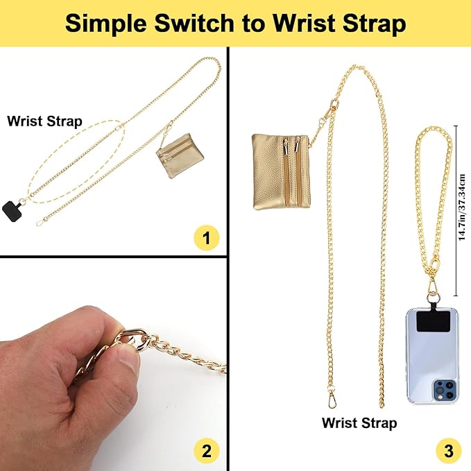 XANGNIER Clip and Go Strap for Phone with Wallet Crossbody, Phone Strap with Zippered Wallet, Adjustable Anti Theft Cellphone Lanyard for Women, Cellphone Chain Accessories, Chain Gold