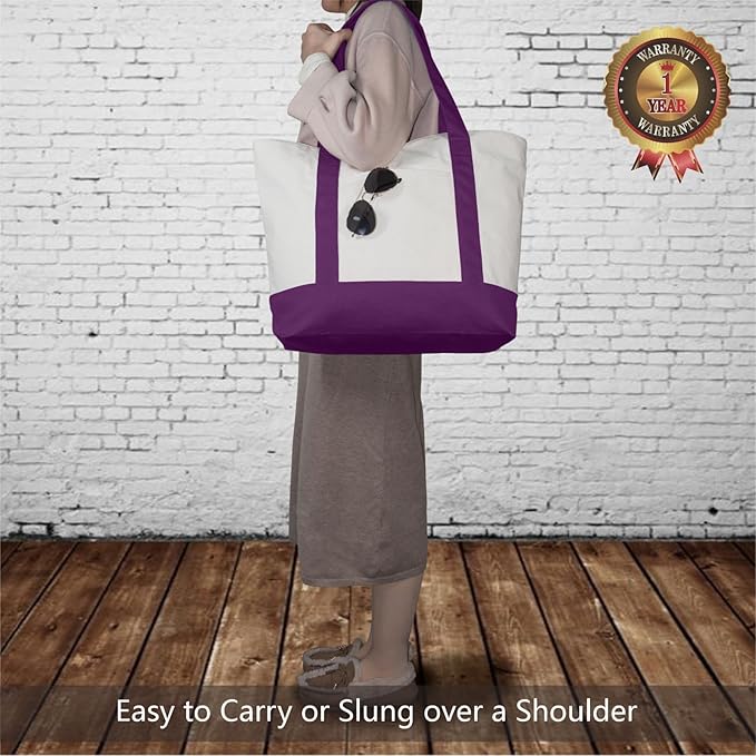 TOPDesign 1-Pack Canvas Tote Bag with an External Pocket, Reusable Grocery Shopping Bag, Top Zipper Closure, Daily Essentials (Purple/Natural)