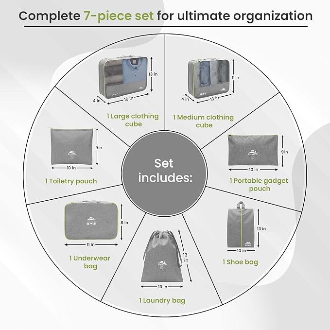 7 Set Packing Cubes for Suitcases Travel Luggage Packing Organizers,Travel Essentials Luggage Organizer Accessories Toiletry Bag Shoe Bag Laundry bag