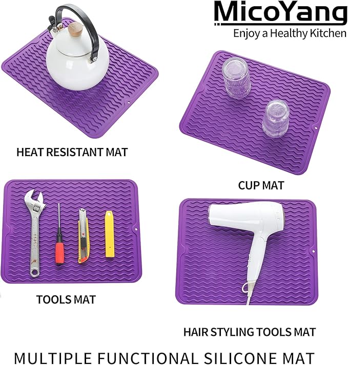 MicoYang Silicone Dish Drying Mat for Multiple Usage,Easy clean,Eco-friendly,Heat-resistant Silicone Mat for Kitchen Counter or Sink,Refrigerator or drawer liner Purple L 16 inches x 12 inches