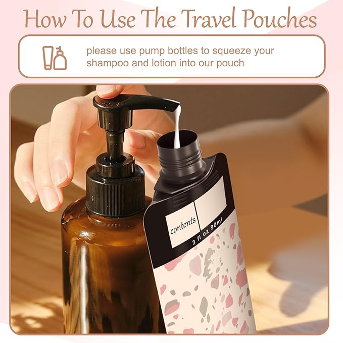 18 Pack Travel Pouches for Toiletries, TSA Approved Travel Pouches for Liquids, Travel Shampoo and Conditioner Pouches, Leak Proof 3oz Travel Squeeze Pouches (Pink)