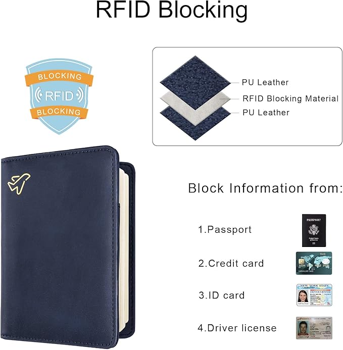 WALNEW Passport Holder for Travel, RFID Passport Cover Wallet for Women Men, PU Leather Passport Book Card Holder Case with Pen, Travelling Essentials for Flying
