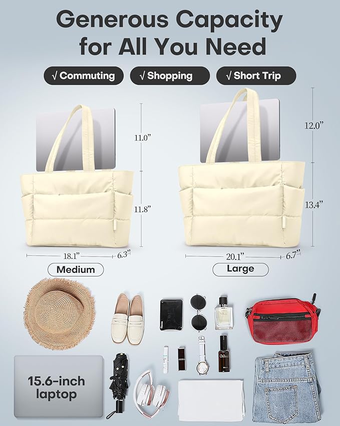 HOTOR Puffer Tote Bag for Women, Nurses - Multi-Pocket Lightweight Bag for Work - Quilted Handbag for Travel and Gym