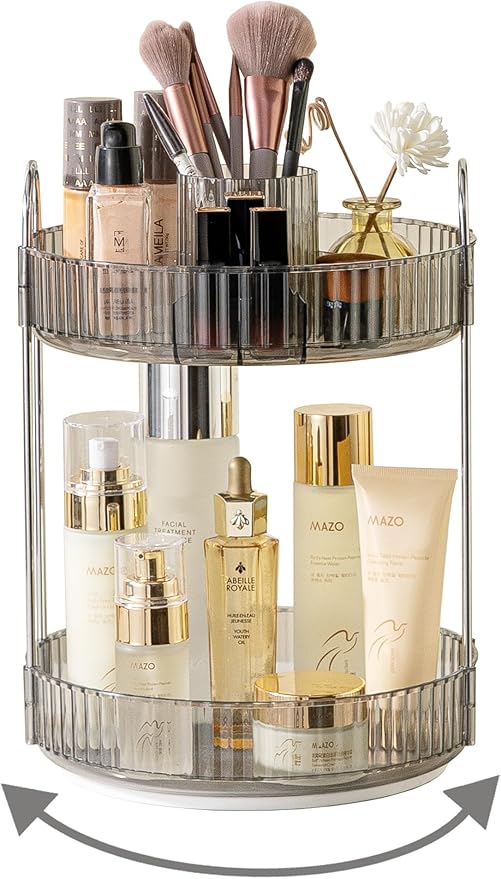360 Rotating Makeup Organizer, 2 Tier Large Capacity Makeup Organizers and Storage, Skincare Perfume Vanity Organizers, Bathroom Cosmetics Storage Organizer Countertop (Grey)