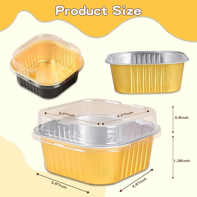 40 Pack Mini Cake Pans with Lids, 5oz Square Aluminum Foil Brownie Baking Cups, Muffin Tin Ramekins, Disposable Dessert Cupcake Cups for Wedding Birthday Party, Blue