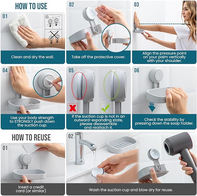 TAILI Soap Dish Bar Holder Suction Cup, SoapSaver with Powerful Vacuum Suction, Sponge Holder for Shower, Bathroom, Tub and Kitchen Sink, Universal Shower Accessories, Drill-Free, Removable, 2 Pack, Grey