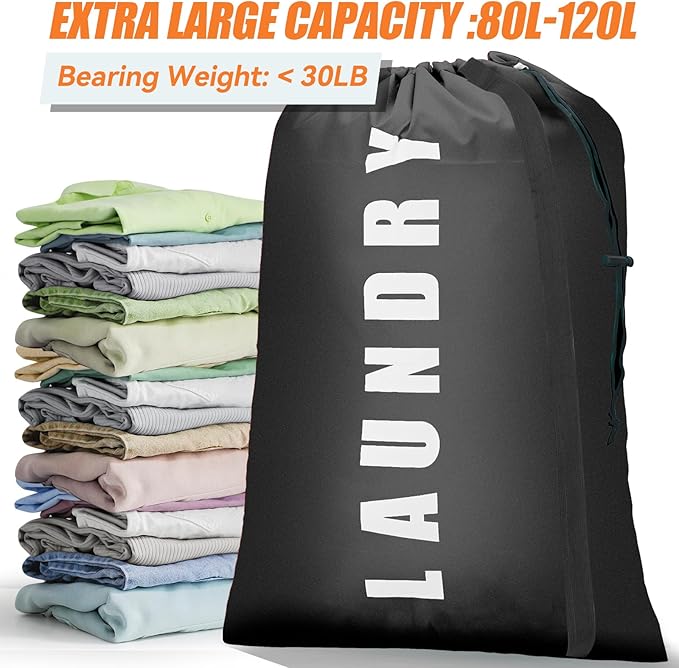 Isink Heavy Duty Laundry Bag with Strap, 2 Pack Travel Laundry Bags for Dirty Clothes, 24" x 36" Large Laundry Bag for Traveling, Camping, Dorm (Black+ Gray)
