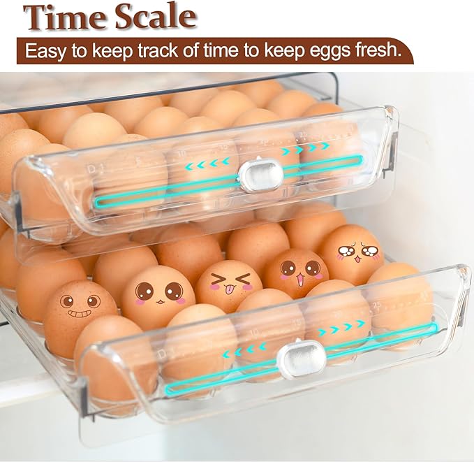 MFBJXC Egg Holder for Refrigerator, 60 Eggs Clear Drawer Organizer, 2-Layer Stackable Egg Holder Egg Trays, Egg Storage Container with Time Scale for Fridge Countertop Cabinet