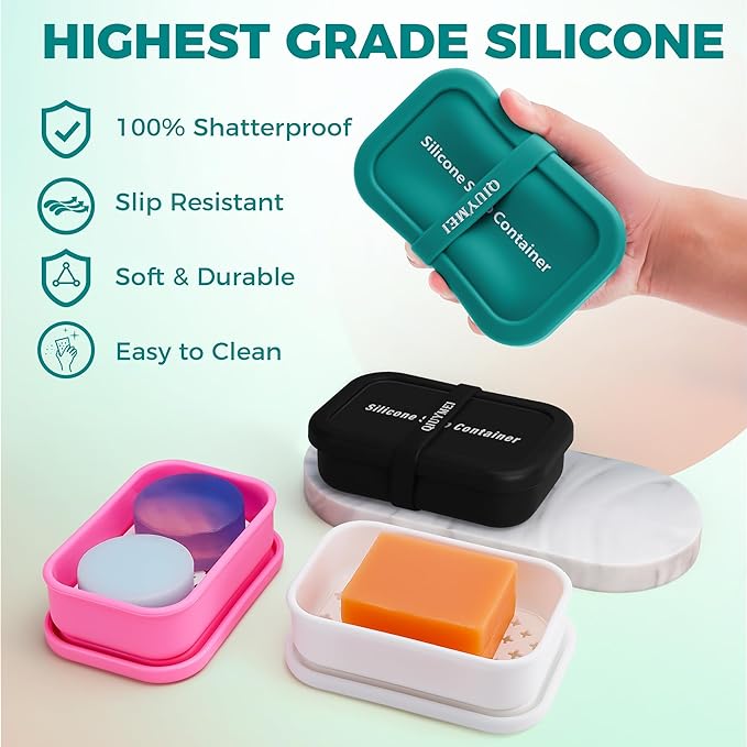 Silicone Travel Soap Container，Enhanced Leak-Proof Travel Soap Case with Draining Layer，Portable Bar Soap Holder, Soap Box with Soap Bag, Soap Dishes for Bathroom/Camping/Gym (Green)