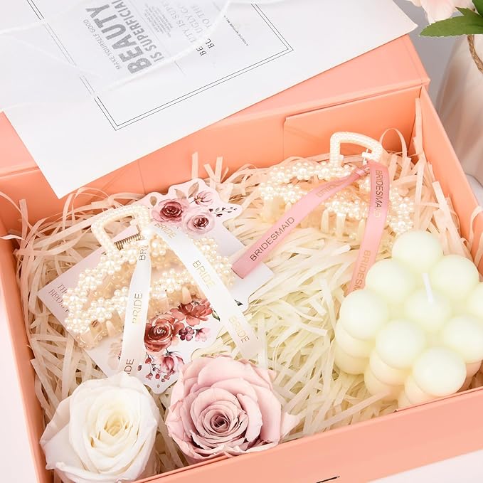 DEEKA Bridesmaid Proposal Gifts 8 Pack Pearl Bridesmaid Hair Claw Clips with Ribbon 3 Inch Hair Clips Bachelorette Party Favors Bridal Party Present Hair Accessories (Half Circle White&Rose Gold)