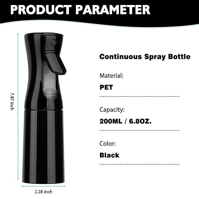 Spray Bottle for Hair (6.8OZ /200ML) Continuous Ultra Fine Mist Sprayer for Hair, Salons, Barber, Plants, Skin Care, Cleaning 1 Pack BLACK