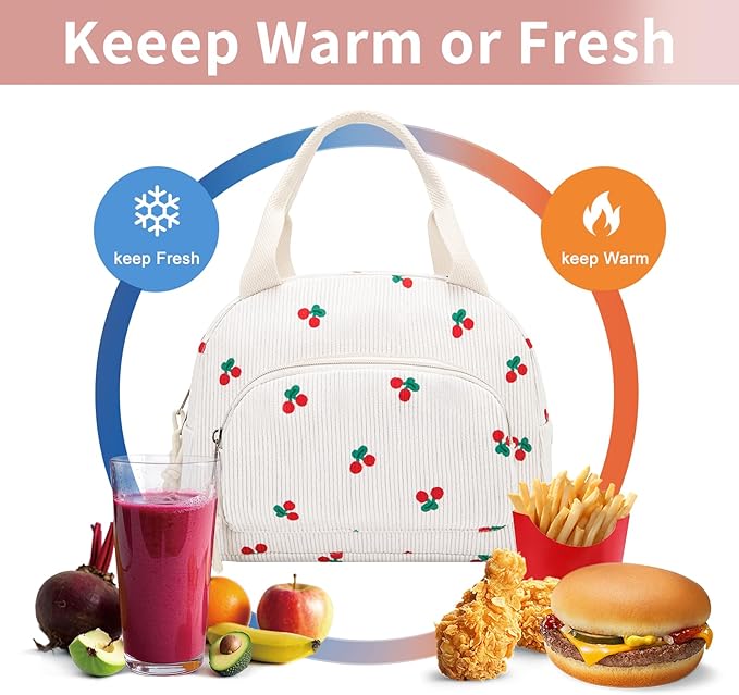 Lunch Bag Women Lunch Box for Women Adult Cute Insulated Lunch Bag Small Cooler Lunch Tote Bags for Work Picnic Travel (Beige-Cherry)