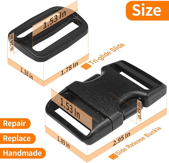 Heavy-Duty Buckles and Strap Set 1-1/2": 6 Yards of Thick Nylon Webbing, 6-Pack Adjustable Quick Side Release Plastic Buckles, 12 Tri-Glide Slide Clips, Black (1-1/2" Combo Set)
