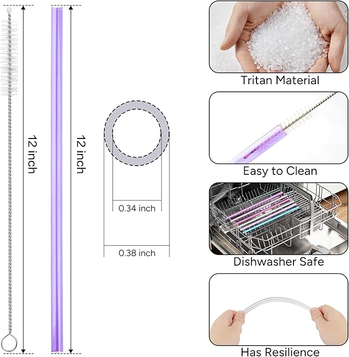 Replacement Straw Compatible with 40 oz Stanley Quencher Tumbler, 12 Inch Extra Long Reusable Plastic Straws for 40 Oz Cup, Purple, 6 Pack