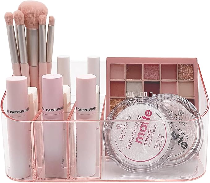 SUNFICON Makeup Holder Tray Organizer Cosmetic Display Case Tabletop Desktop Vanity Countertop Bathroom Wall Cabinet Medicine Storage Box 9 Dividers 2 Removable for Womens Ladies Girls Crystal Pink