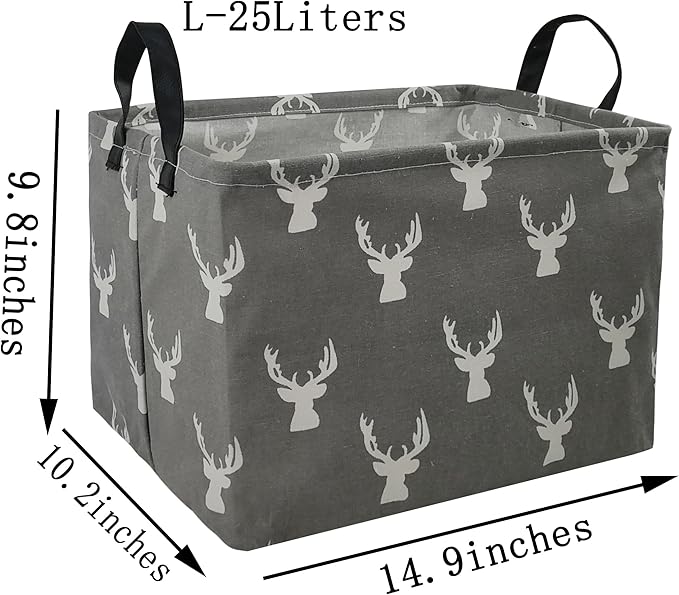 KUNRO Rectang Deer Storage Basket Gift Shelf Basket Storage Bin, Nursery Basket Organizer Box for With Handles for Room Deco (Grey deer)
