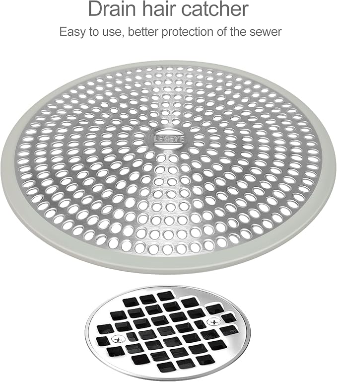 LEKEYE Shower Drain Hair Catcher | Strainer | Shower Stall Drain Cover | Bathroom Drain Protector Stainless Steel and Silicone (Light Gray)