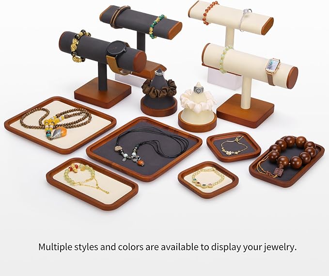 Wooden Jewelry Display Tray Rounded Rectangle Ring Showcase Stackable Elegant Bracelet Watch Jewelry Organizer for Personal Use and Commerce (Gray, Medium-W 3.9'' x H 0.6'' x L 7'')